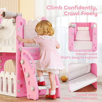 AIYAPLAY 7 in 1 Toddler Slide Set with Basketball Hoop, Climbing Frame, Telescope, Drawing Board, Storage Box, Pink 