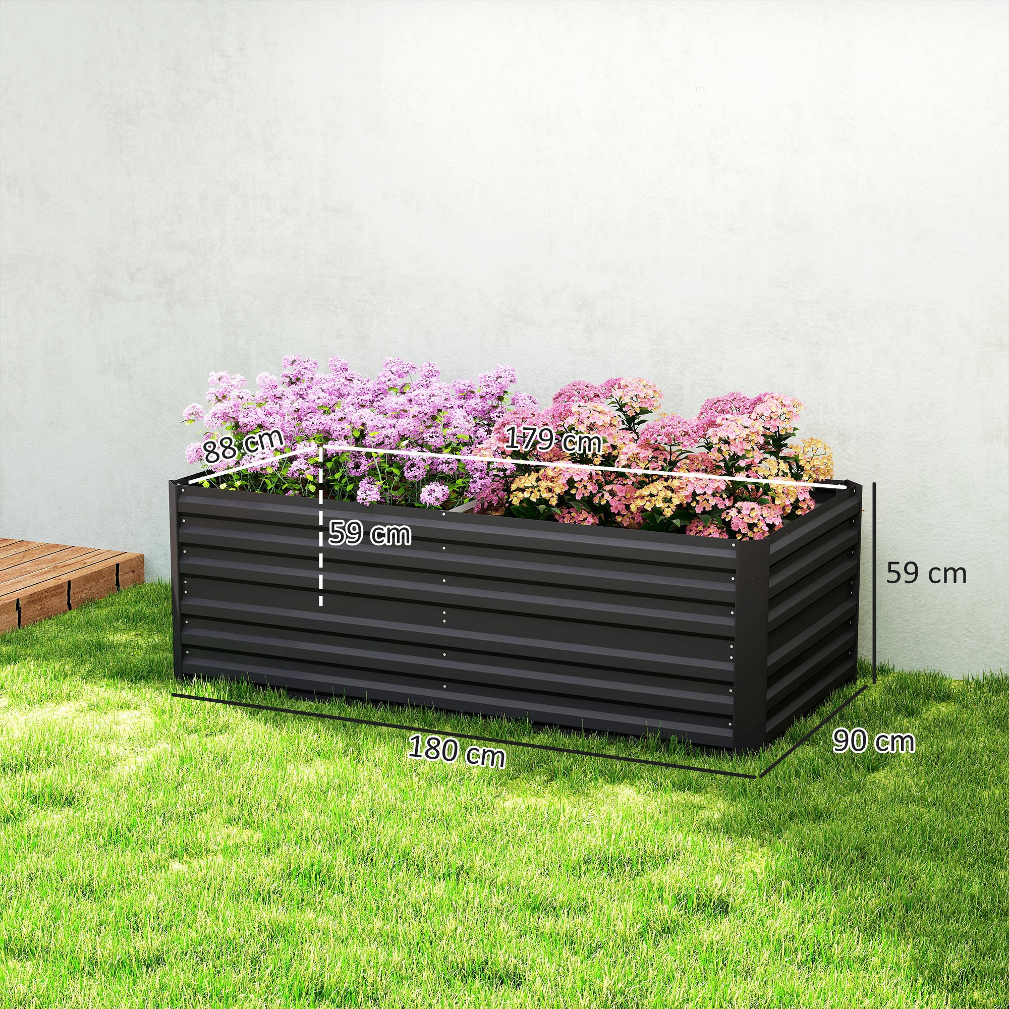 Outsunny Raised Beds for Garden, Galvanised Steel Outdoor Planters with Multi-reinforced Rods, 180 x 90 x 59 cm, Black 