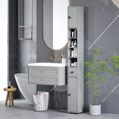 kleankin 180cm Slim Bathroom Cabinet, with Drawer, Shelves and Cupboards - Grey 