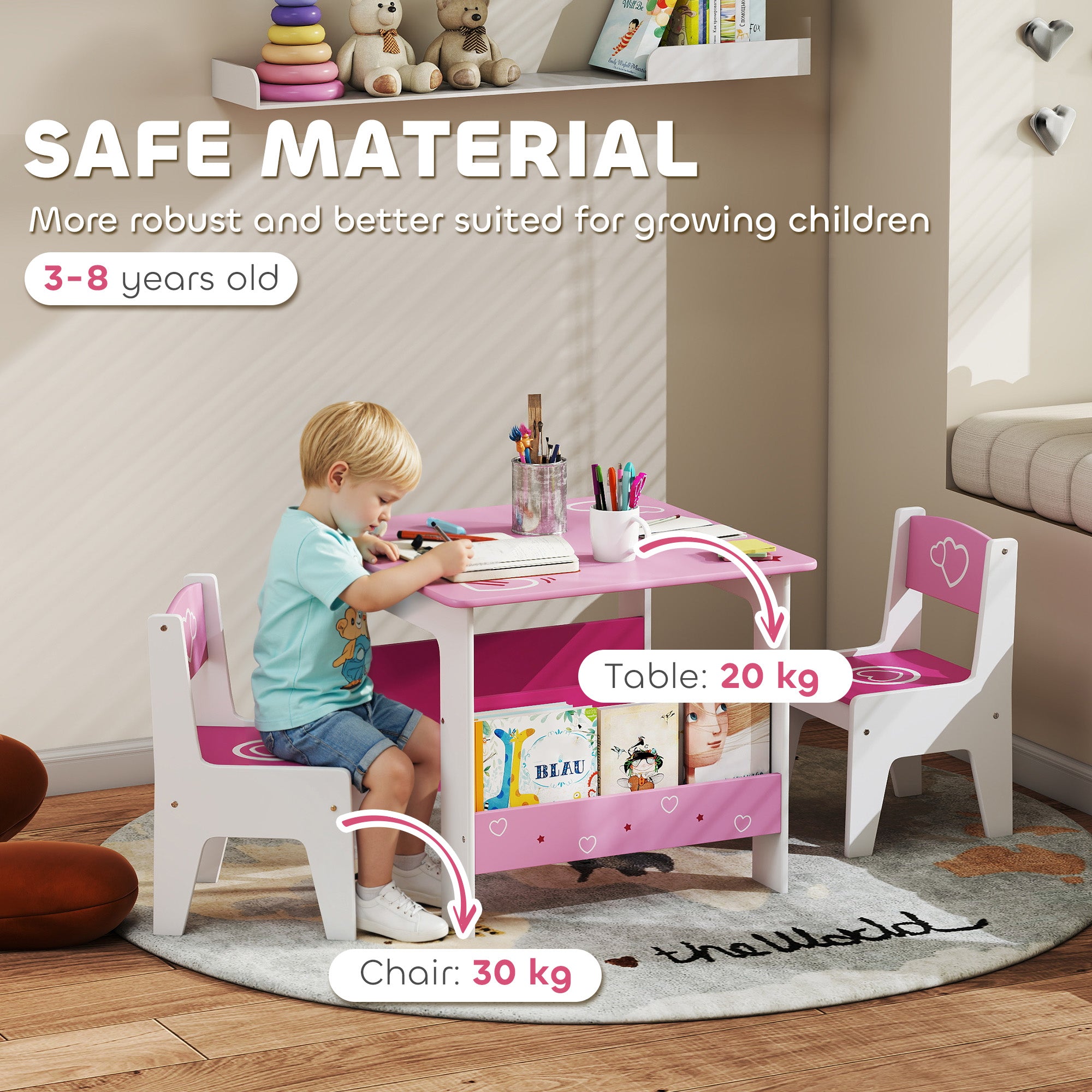 AIYAPLAY 3 Pieces Kids Table and Chair Set, Toddler Activity Table with Bookshelves, for Living Room, Nursery, Playroom, Pink 