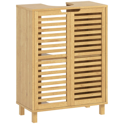 HOMCOM Under Sink Bathroom Cabinet, Freestanding Bamboo Under Sink Cabinet with Louvered Doors and Adjustable Shelf, Natural