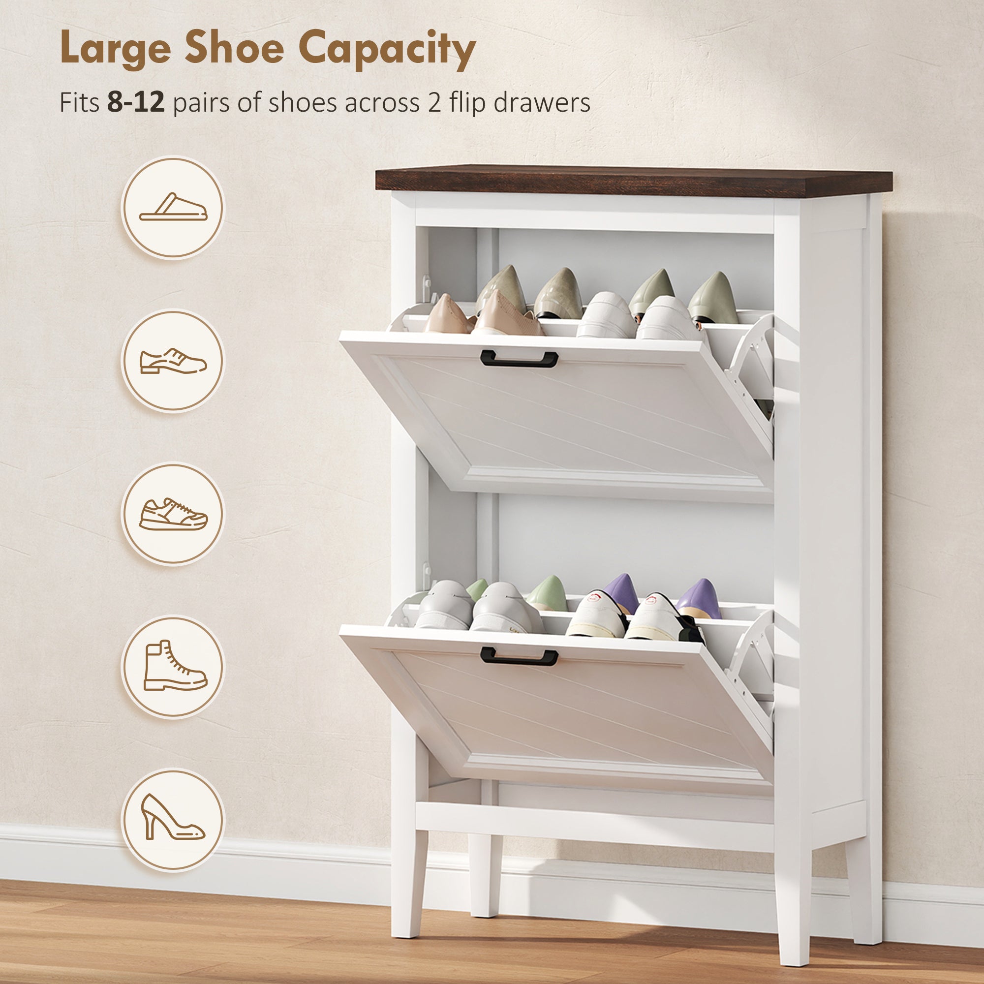 HOMCOM Shoe Cabinet with 2 Flip Drawers, Farmhouse Narrow Shoe Storage Cabinet with Adjustable Shelves, White 
