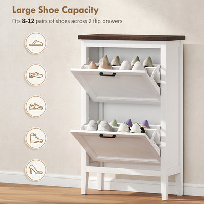 HOMCOM Shoe Cabinet with 2 Flip Drawers, Farmhouse Narrow Shoe Storage Cabinet with Adjustable Shelves, White 