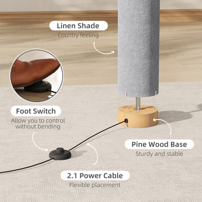 HOMCOM LED Floor Lamp for Living Room, 120cm Modern Standing Lamp with 3000K/4500K/6500K Colour Temperatures, Linen Shade and Wooden Base, Grey 
