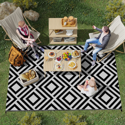 Outsunny Reversible Outdoor Rug, Plastic Straw Mat w/ Carry Bag Ground Stakes for Garden RV Picnic Beach Camping 182x274cm Black 