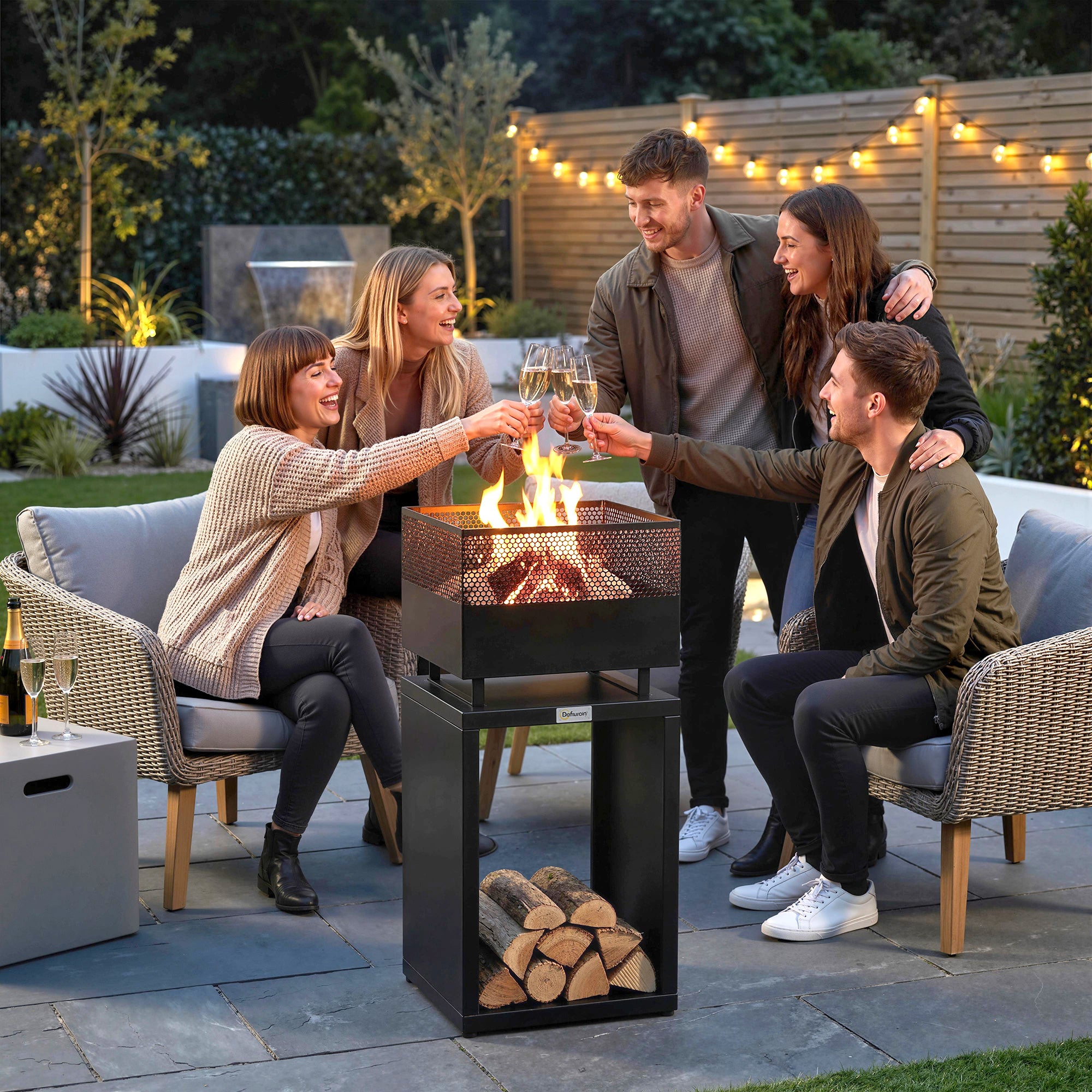 Outsunny Outdoor Fire Pit with Wood Storage Wood Burning Firepit with Mesh Sides 87 cm Black 