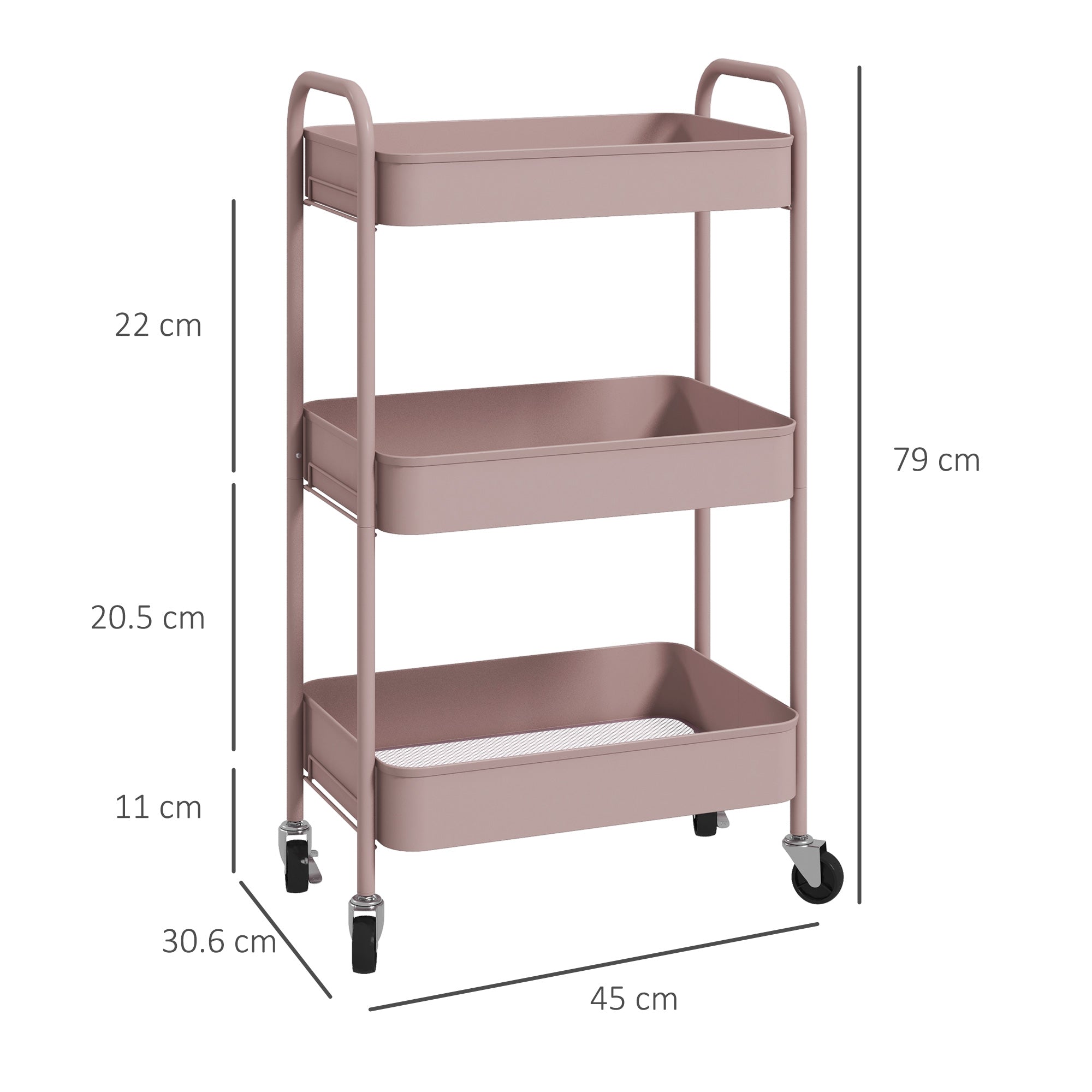 HOMCOM Three-Tier Steel Storage Trolley - Pink 