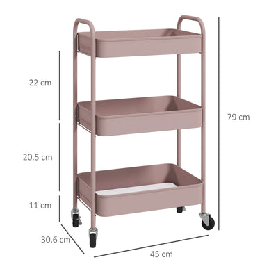 HOMCOM Three-Tier Steel Storage Trolley - Pink 