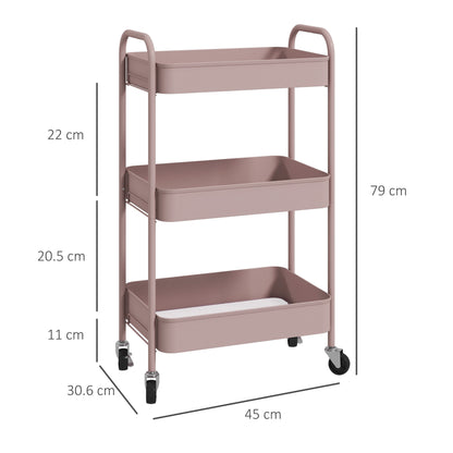 HOMCOM Three-Tier Steel Storage Trolley - Pink 