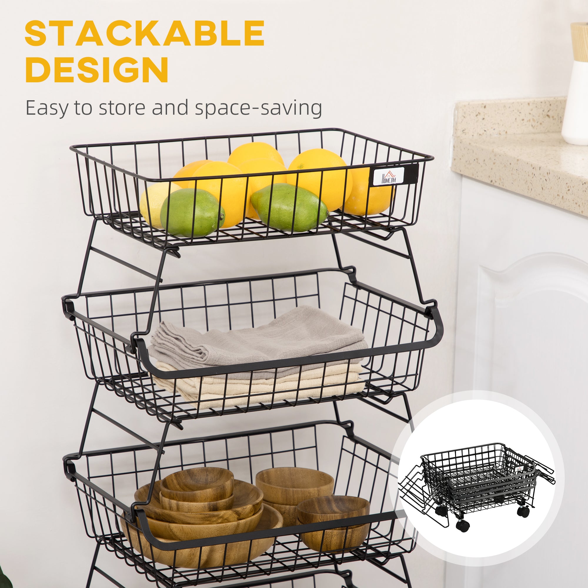 HOMCOM 5 Tier Storage Trolley, Stackable Fruit Vegetable Cart for Kitchen, Living Room, 40 x 2 x 97 cm, Black 