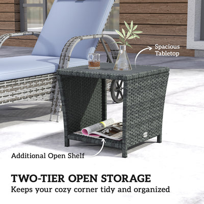Outsunny Side Table 2-Tier Outdoor Coffee Table with Storage Shelf PS Wood Slat Top/Grey 