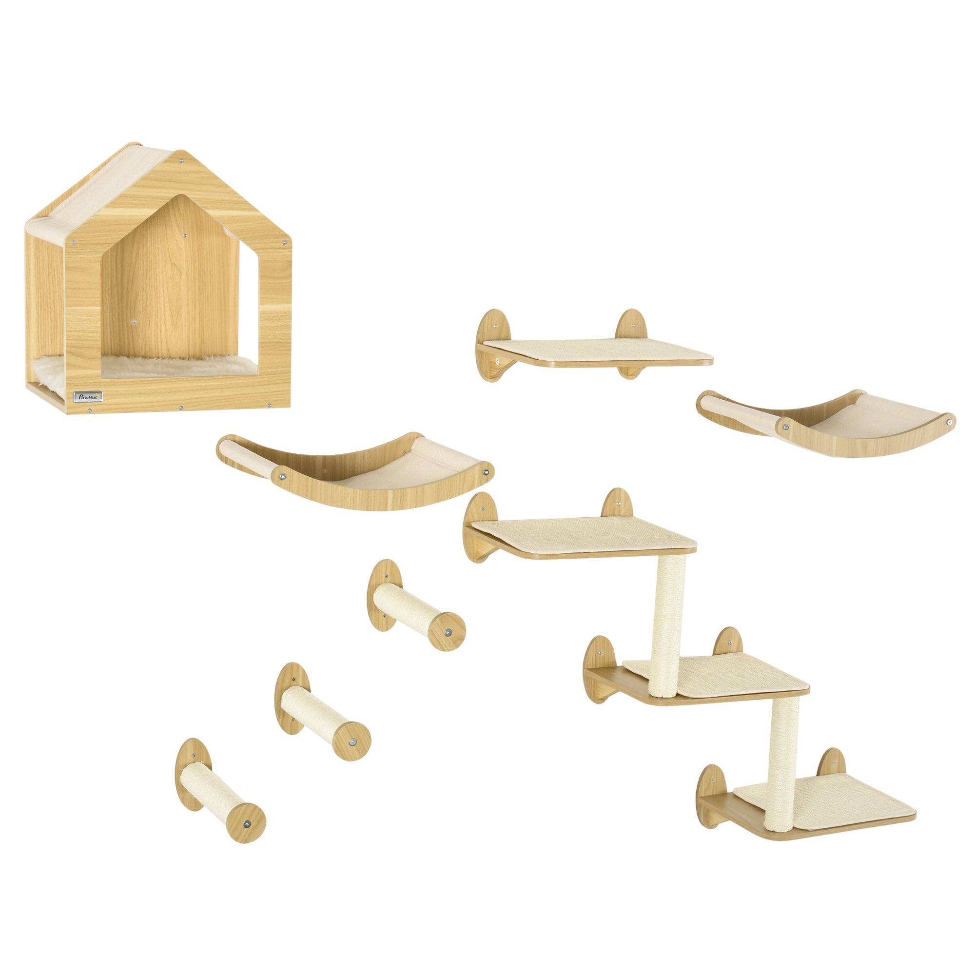 PawHut 8 Piece Cat Shelves Set, with Cat House, Three Perches, Three Scratching Posts 
