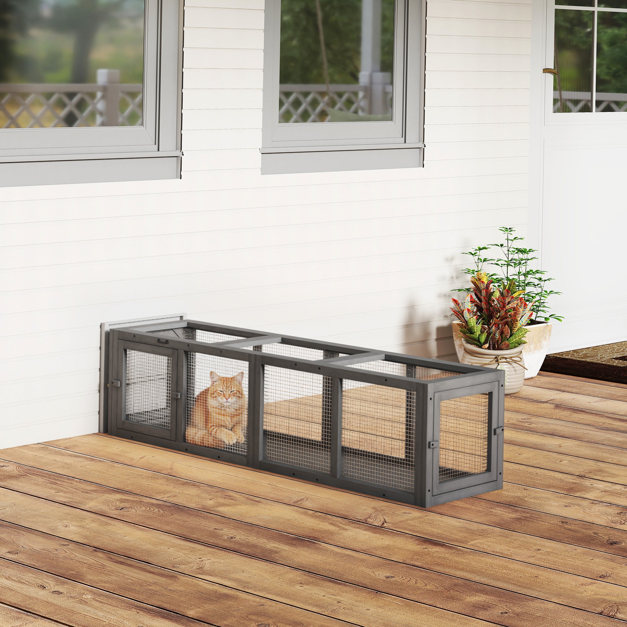 PawHut Outdoor Cat Tunnel, Wooden Play Cat Enclosure, Extendable Pet Run with 3 Doors, for Indoor and Outdoor Use, Grey 