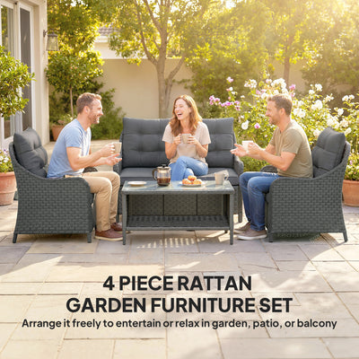Outsunny 4-Piece Wicker Patio Furniture Set with 2 Armchairs, Loveseat, Glass Coffee Table, Conversation Sofa Set, Dark Grey 