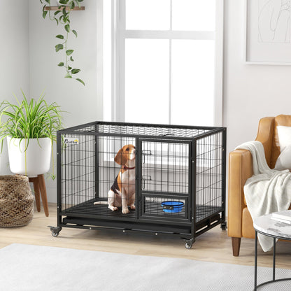 PawHut Heavy Duty Dog Crate on Wheels w/ Bowl Holder, Removable Tray, Openable Top, Detachable Door, for L, XL Dogs 
