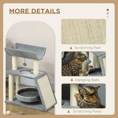 PawHut Cat Tree Tower, with Scratching Posts, Pad, Bed, Perch, Toy Ball - Light Grey 