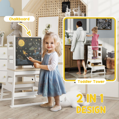 AIYAPLAY 2-in-1 Toddler Tower with Chalkboard, Safety Rail for Kitchen, Counter, Bathroom, Sink, White 