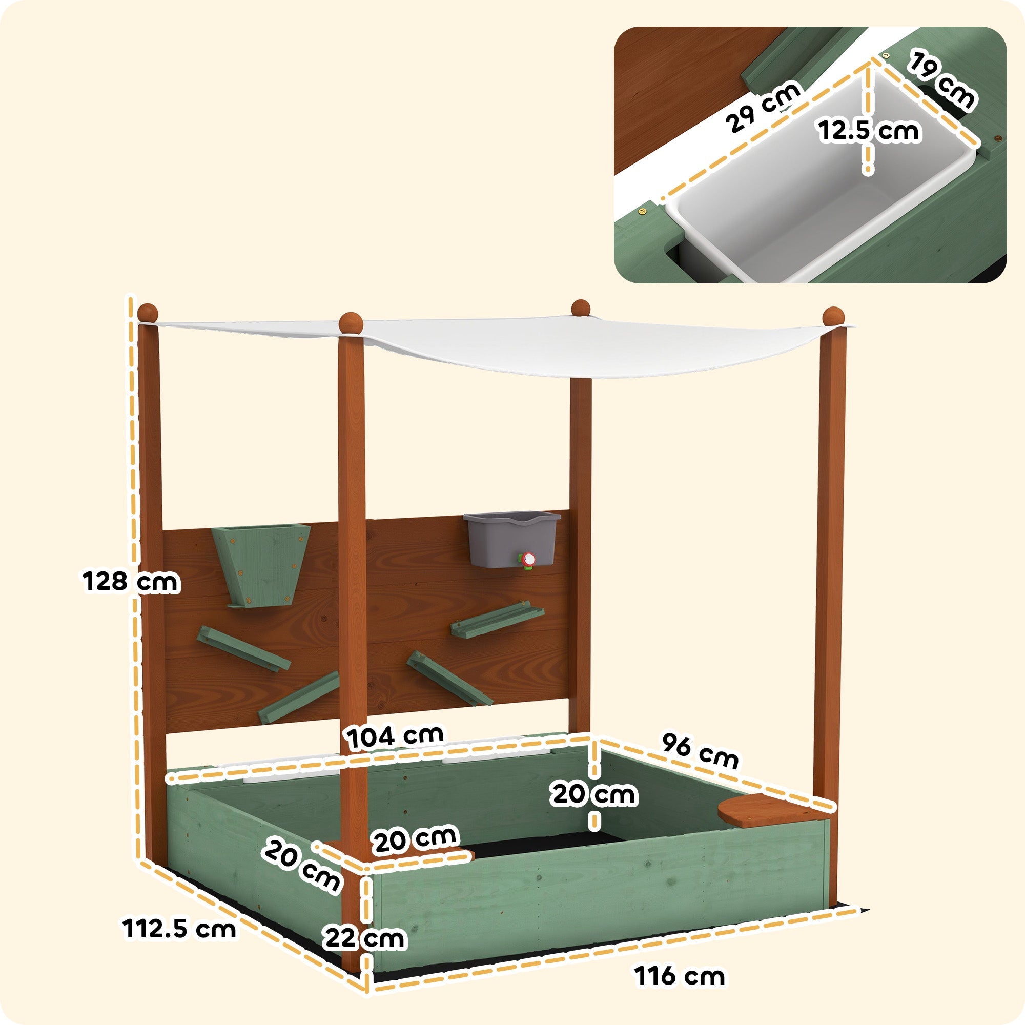 AIYAPLAY Wood Sandpit with Canopy, Storage Bins, Funnel, Liner, Chutes, Bucket with Tap, 116 x 112.5 x 128 cm, Green 