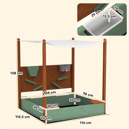 AIYAPLAY Wood Sandpit with Canopy, Storage Bins, Funnel, Liner, Chutes, Bucket with Tap, 116 x 112.5 x 128 cm, Green 