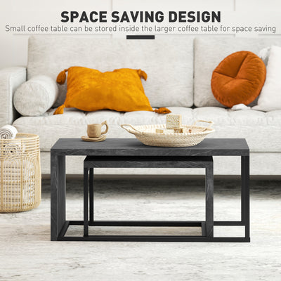 HOMCOM Coffee Tables Set of 2, Industrial Nest of Tables with Metal Frame for Living Room Bedroom, Dark Grey Marble Effect 