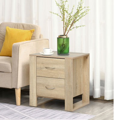 HOMCOM Bedside Table with 2 Drawers, Nightstand with Handles and Elevated Base, Side Table for Bedroom, Living Room, Brown 