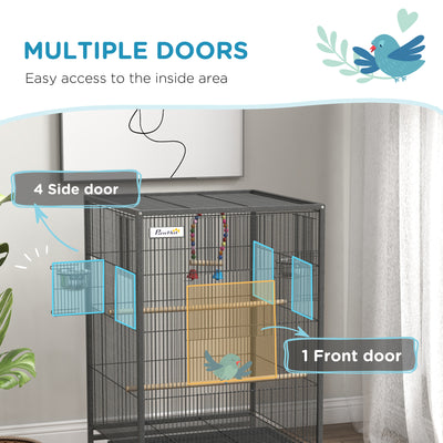 PawHut Bird Cage, Budgie Cage, with Rolling Stand, for Small Birds - Grey 