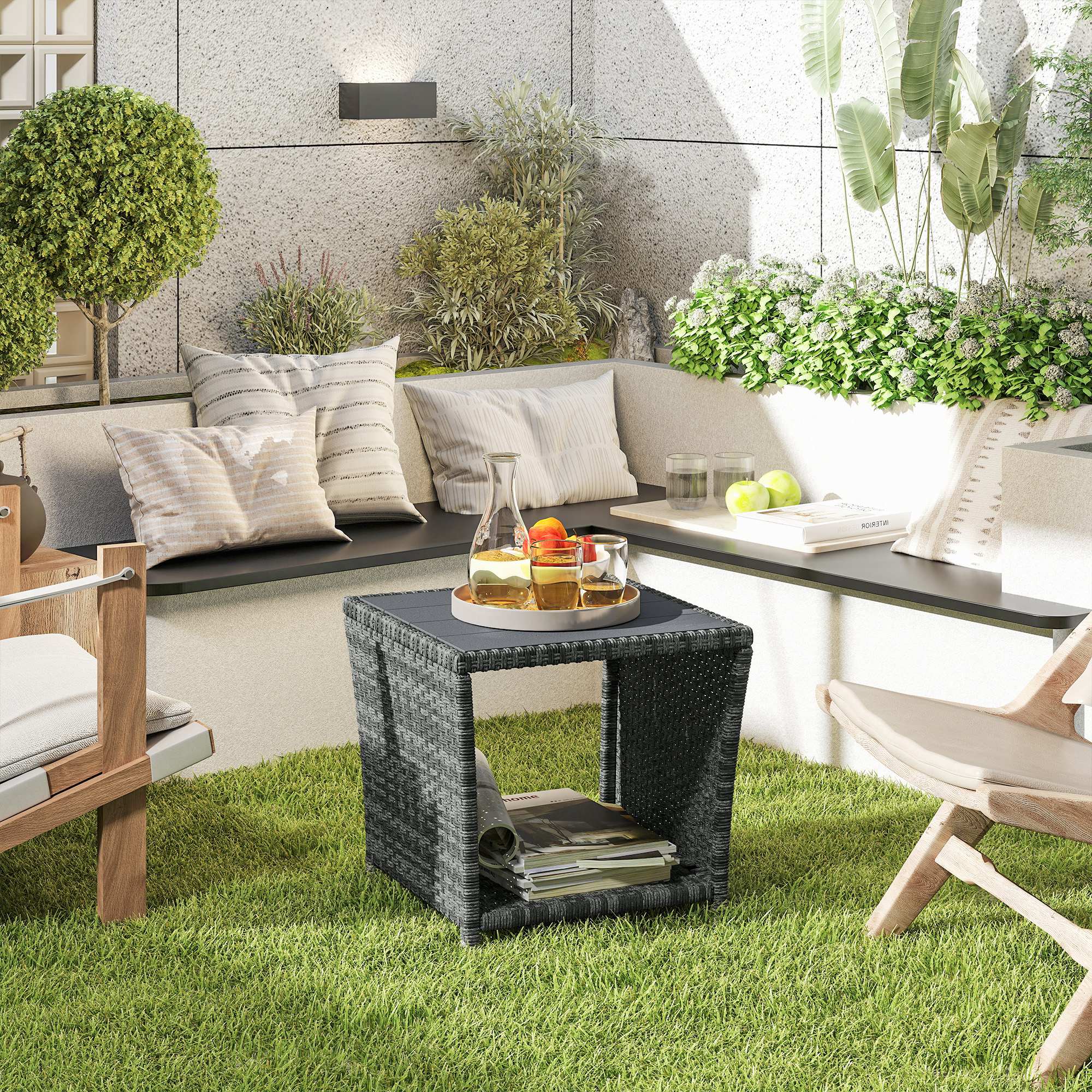 Outsunny Side Table 2-Tier Outdoor Coffee Table with Storage Shelf PS Wood Slat Top/Grey 