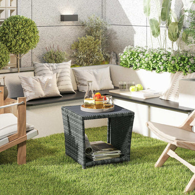 Outsunny Side Table 2-Tier Outdoor Coffee Table with Storage Shelf PS Wood Slat Top/Grey 
