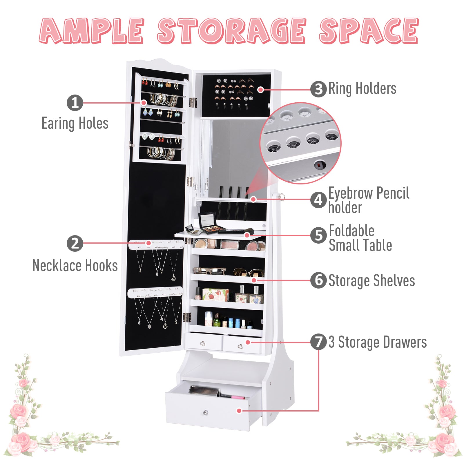HOMCOM Jewellery Cabinet with led, mirroir Cabinet Armoire Floor Standing Flip-over Makeup Shelf Organizer with lock white 