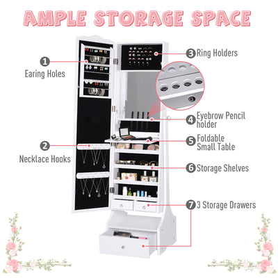 HOMCOM Jewellery Cabinet with led, mirroir Cabinet Armoire Floor Standing Flip-over Makeup Shelf Organizer with lock white 