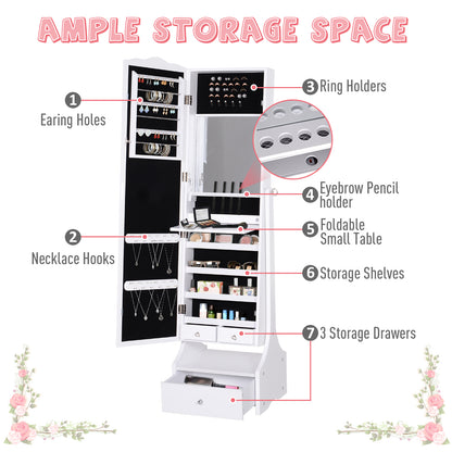 HOMCOM Jewellery Cabinet with led, mirroir Cabinet Armoire Floor Standing Flip-over Makeup Shelf Organizer with lock white 