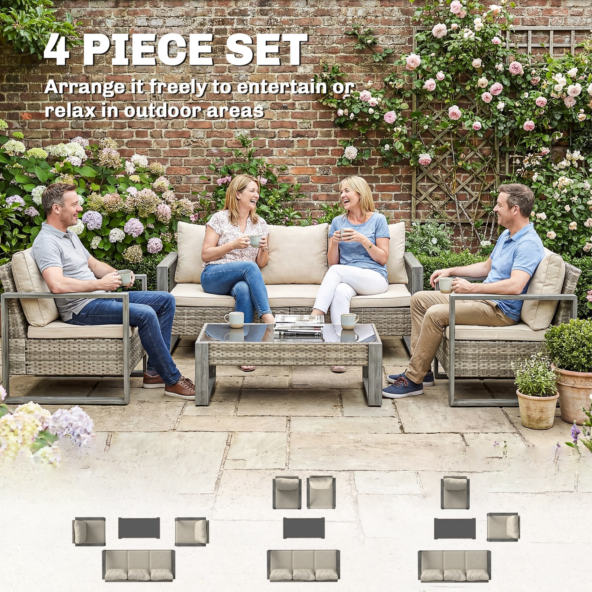 Outsunny 4 Piece Rattan Garden Furniture Set with 3-Seater Sofa, Armchairs, Table, Aluminium Frame Patio Conversation Set, Khaki 