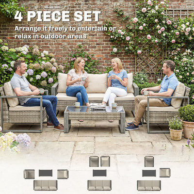 Outsunny 4 Piece Rattan Garden Furniture Set with 3-Seater Sofa, Armchairs, Table, Aluminium Frame Patio Conversation Set, Khaki 