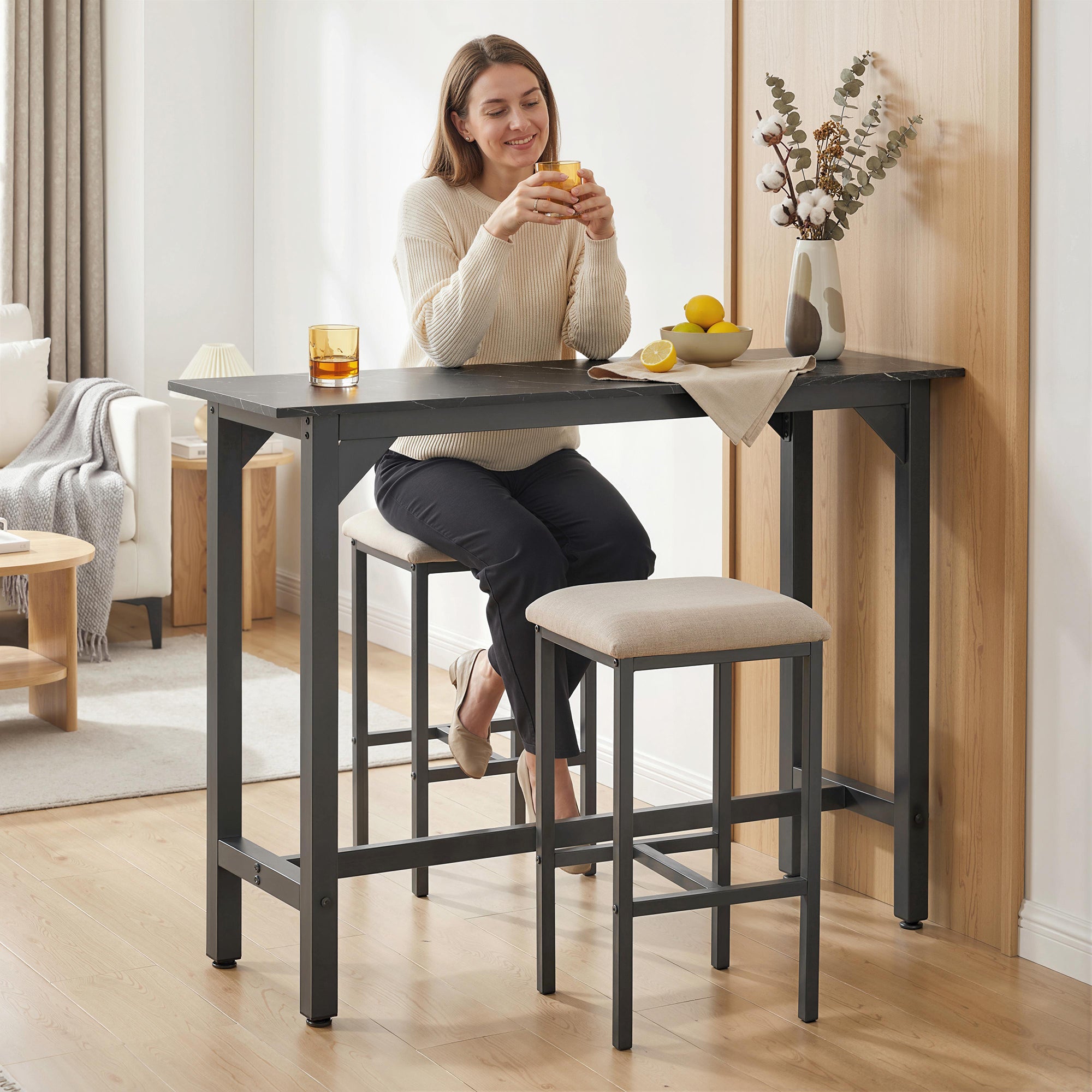 HOMCOM Rectangular Bar Table, Marble Effect Pub Coffee Table for Small Space, Breakfast Dining, Black Marble Effect 