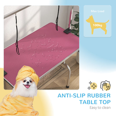 PawHut 42" Dog Grooming Table, Adjustable Pet Cat Drying Beauty Table with 2 Loops Storage Basket, Rubber Top, Pink 