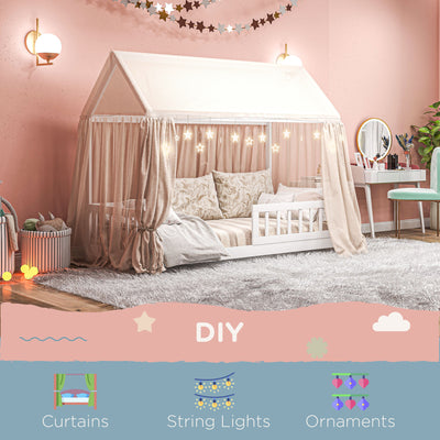 HOMCOM House-Shaped Kids Bed Frame with Safety Fence, Solid Pine Wood Single Bed Frame for Kids Boys and Girls 