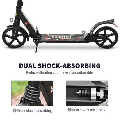 HOMCOM Folding Kick Scooter, Adjustable Ride On Scooter with 200mm Big Wheels and Double Shock Absorption, Urban Scooter for 14+ Teens Adult - Black 