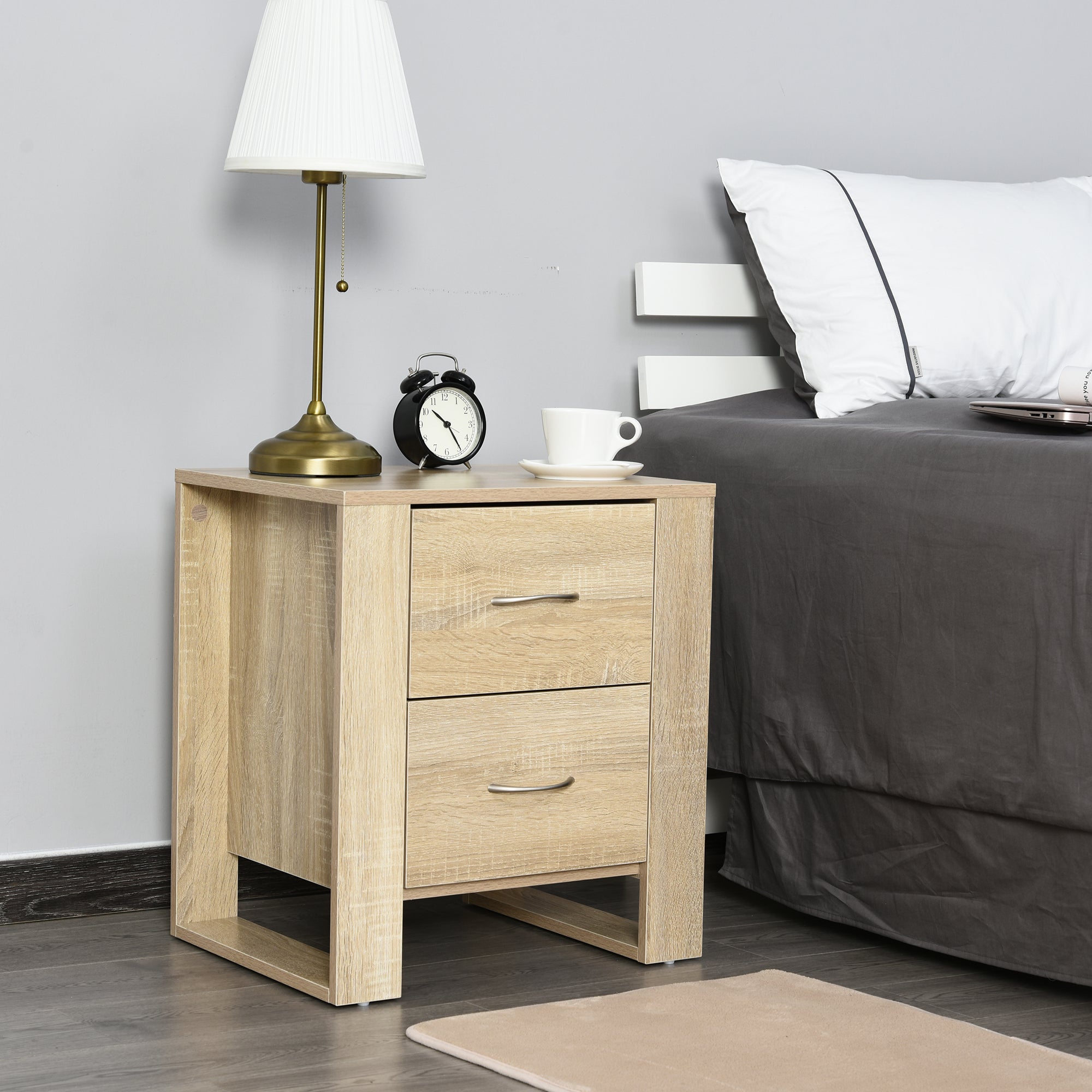 HOMCOM Bedside Table with 2 Drawers, Nightstand with Handles and Elevated Base, Side Table for Bedroom, Living Room, Brown 