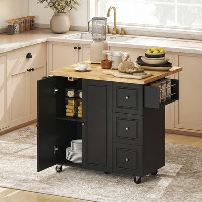 HOMCOM Kitchen Island on Wheels, Rolling Kitchen Storage Trolley with Drop Leaf, Drawers, Towel and Spice Rack, Black 