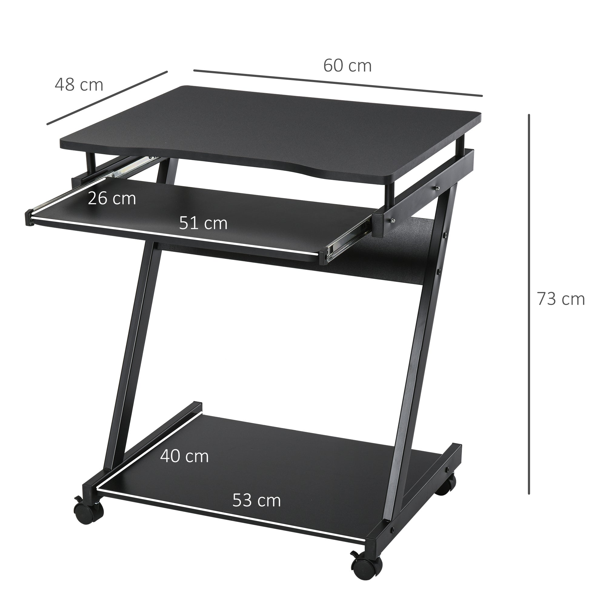HOMCOM Movable Computer Desk with 4 Moving Wheels Sliding Keyboard Tray Home Office Workstation Black 