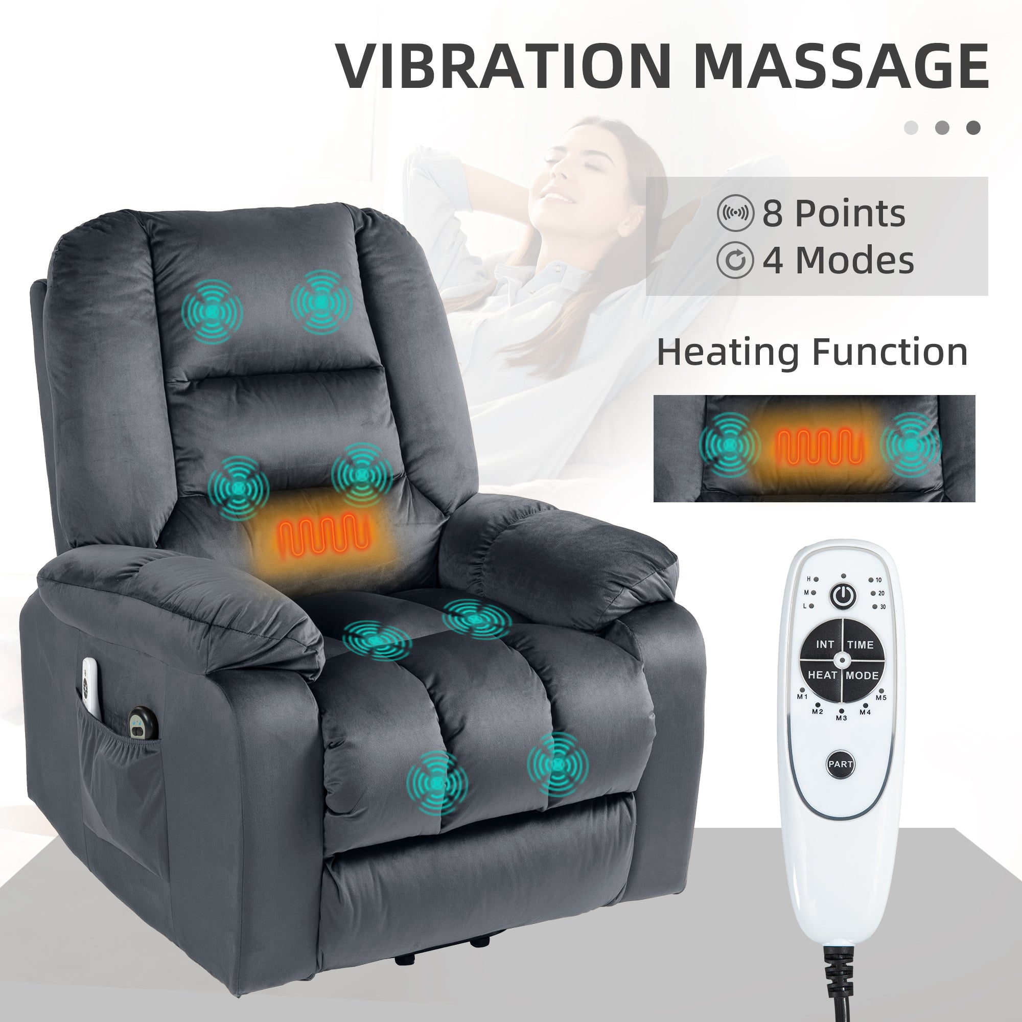 HOMCOM Leathaire Eight Massage Point Armchair, with Heat and Reclining Back - Grey 