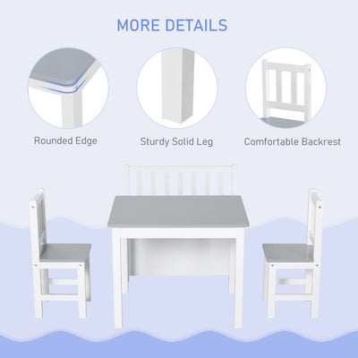 HOMCOM 4-Piece Kids Table and Chair Set with 2 Wooden Chairs, 1 Storage Bench, and Interesting Modern Design, Grey/White 