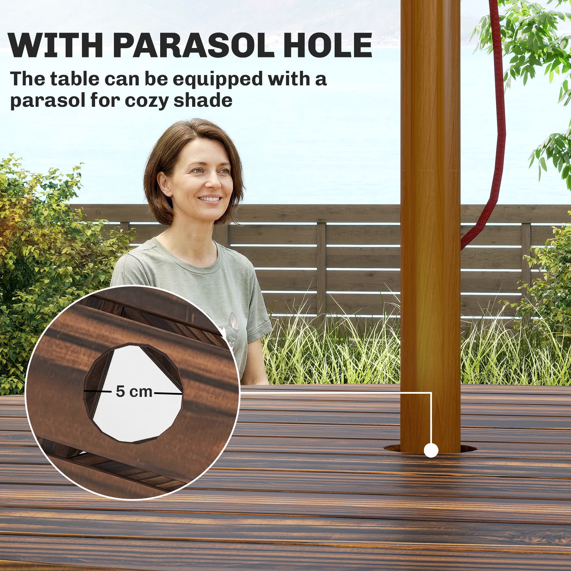 Outsunny Wooden Garden Dining Set, 6 Seater Round Dining Picnic Table with Matching Bench, Garden Furniture Set with Parasol Hole for Outdoor Patio Party and Family Gatherings, Carbonized 