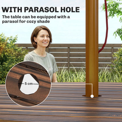 Outsunny Wooden Garden Dining Set, 6 Seater Round Dining Picnic Table with Matching Bench, Garden Furniture Set with Parasol Hole for Outdoor Patio Party and Family Gatherings, Carbonized 