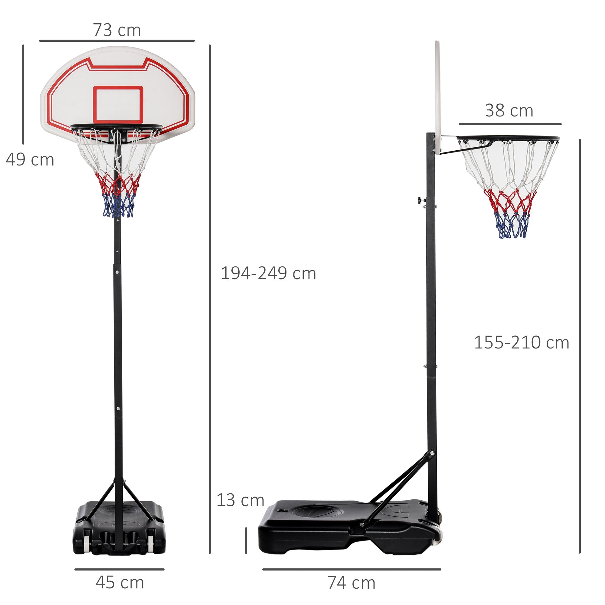 HOMCOM Portable Basketball Hoop Stand Freestanding Sports System Adjustable Height 1.55-2.1M on Wheels for Teenagers Adults, White 
