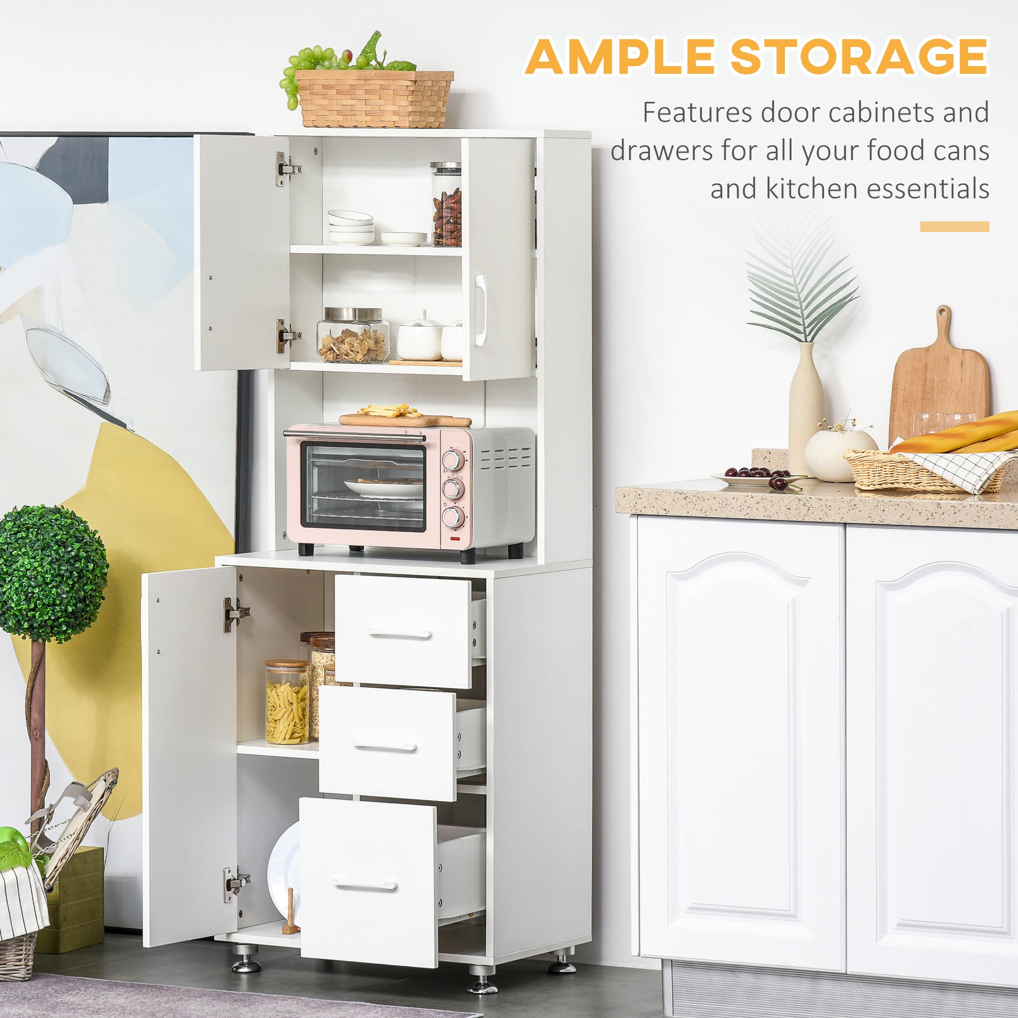 HOMCOM Modern Kitchen Cupboard with Storage Cabinets, 3 Drawers and Open Countertop for Living Room, White 