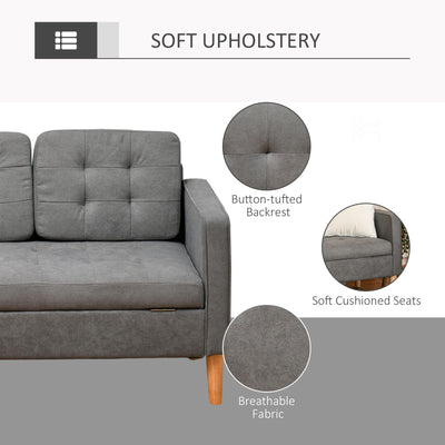 HOMCOM Modern 3 Seater Sofa with Hidden Storage, 169cm Tufted Cotton Couch with Wood Legs, Compact Sofa for Living Room, Grey 