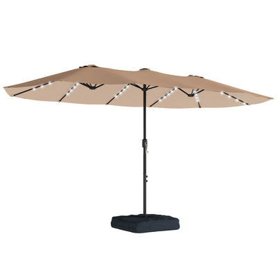 Outsunny Patio Umbrella Double-Sided Outdoor Umbrella with Solar Lights Base, Khaki 