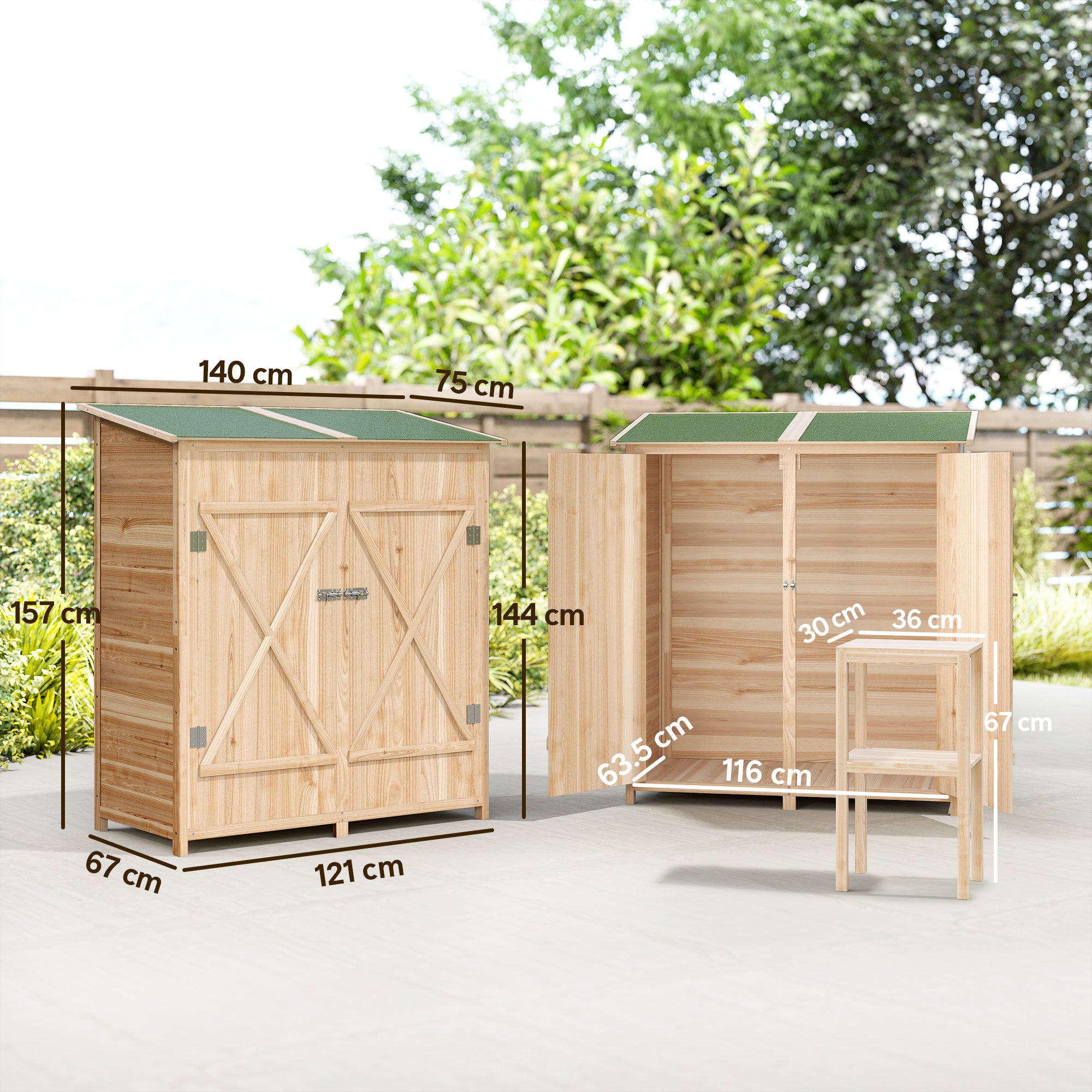 Outsunny 140 x 75 Fir Wood Garden Shed, with Asphalt Roof - Natural 
