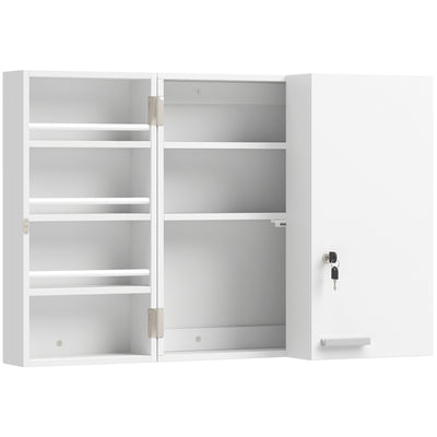 HOMCOM Wall Mount Medicine Cabinet with Key Lock, 3 Tier First Aid Cabinet with 2 Doors and 11 Storage Compartments, White